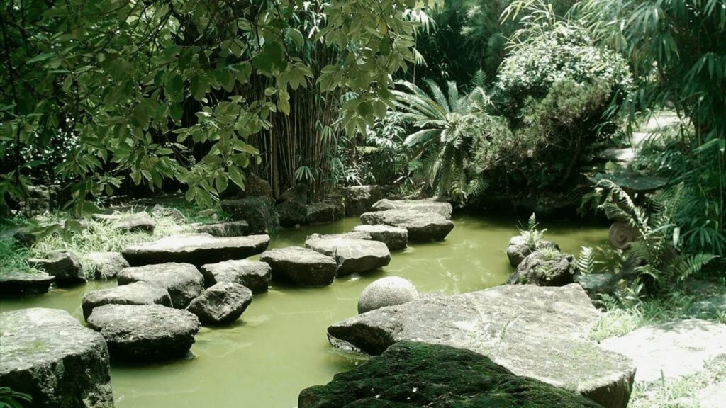 Um caminho de pedras planas atravessa um lago tranquilo em um jardim exuberante. Árvores frondosas e samambaias criam uma atmosfera serena e convidativa.