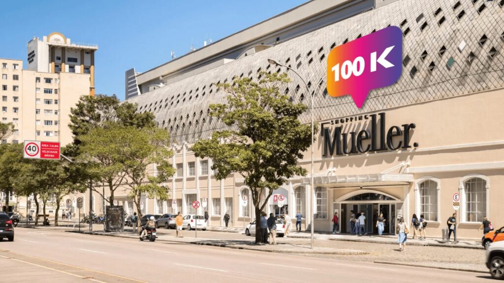 Vista externa do Shopping Mueller em um dia ensolarado, com pedestres caminhando e carros passando.