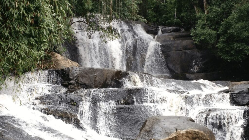 Uma cascata cai sobre rochas escuras, cercada por uma exuberante folhagem verde em um ambiente sereno e natural.