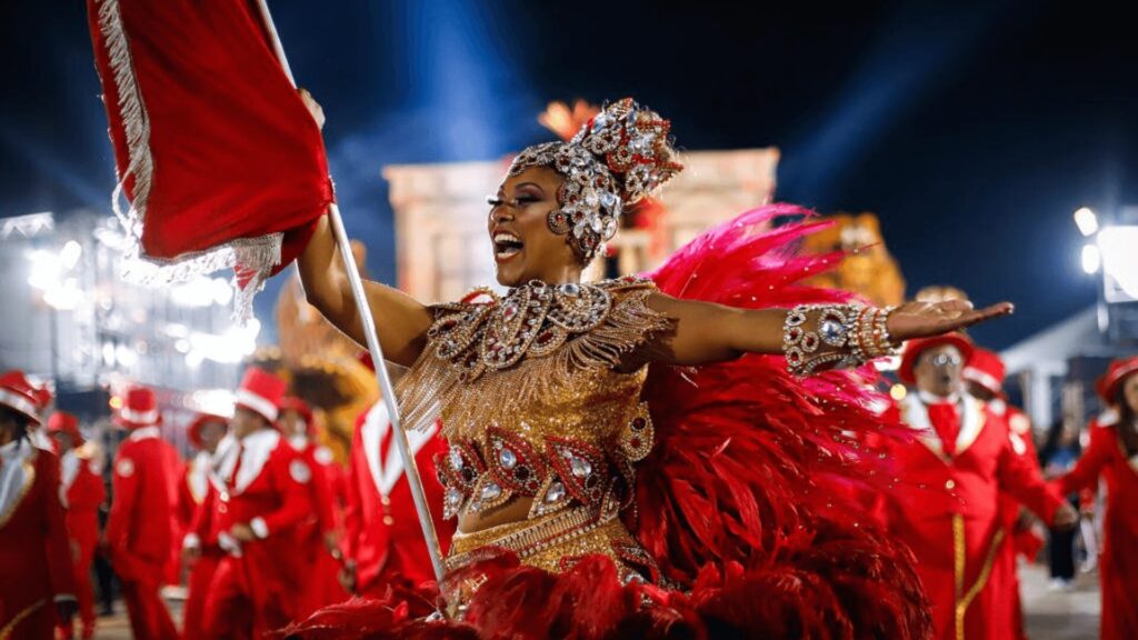 Uma dançarina vibrante em um traje de penas douradas segura uma bandeira vermelha, cercada por outras pessoas em trajes vermelhos brilhantes em um evento animado.