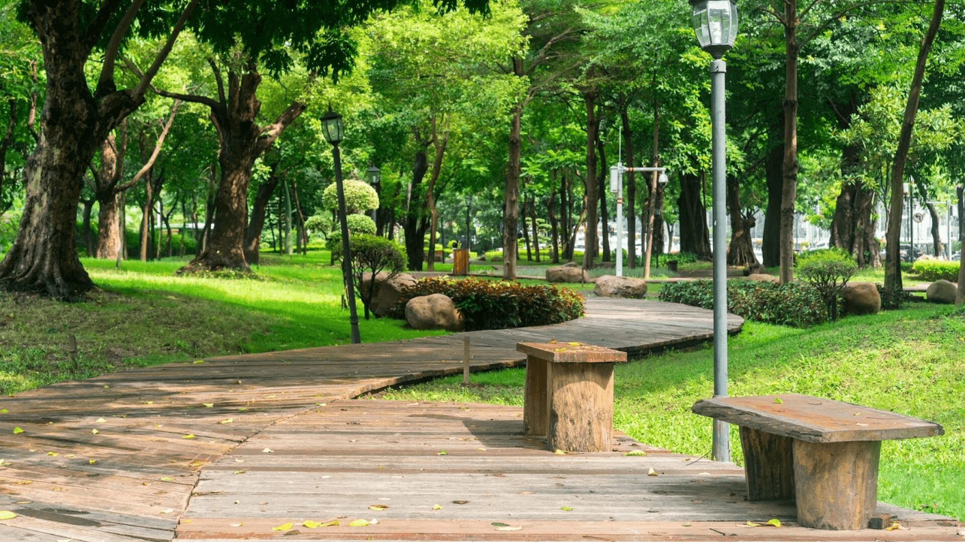 Um cenário tranquilo de parque com caminho de madeira, bancos, vegetação exuberante e postes de iluminação, convidando ao relaxamento em meio à natureza.