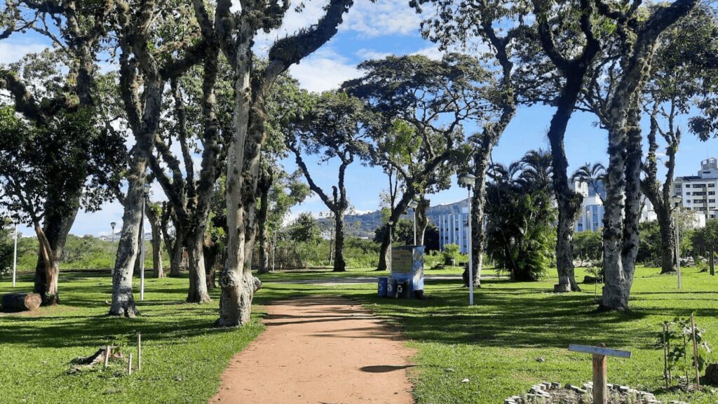 Uma foto de um caminho de terra que serpenteia por um parque gramado, ladeado por muitas árvores altas e frondosas de troncos claros e ramificações escuras. Ao fundo, à direita, há um prédio branco com telhado azul e algumas montanhas. O céu é azul com algumas nuvens brancas.