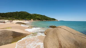 Uma grande e arredondada rocha está na praia de areia em primeiro plano. A praia forma uma pequena baía com água em tom turquesa e ondas suaves. Ao fundo, uma colina verde e arborizada desce em direção ao mar. O céu está claro e azul.
