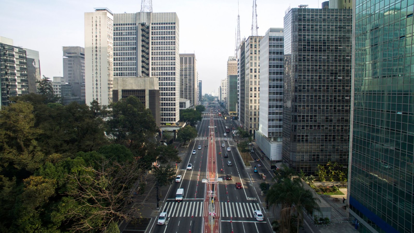 Uma ampla rua da cidade ladeada por altos edifícios modernos, com pouco tráfego e muito verde ao longo da rua sob um céu claro.
