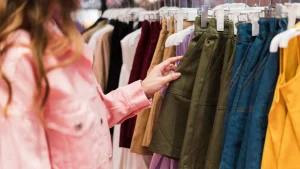 Mulher com jaqueta rosa claro em uma loja, olhando ou tocando as roupas penduradas em um cabideiro. O cabideiro está cheio de diferentes tipos e cores de roupas. O braço e o ombro da mulher estão visíveis, e as roupas em foco são calças ou saias de cor caqui ou verde-oliva.