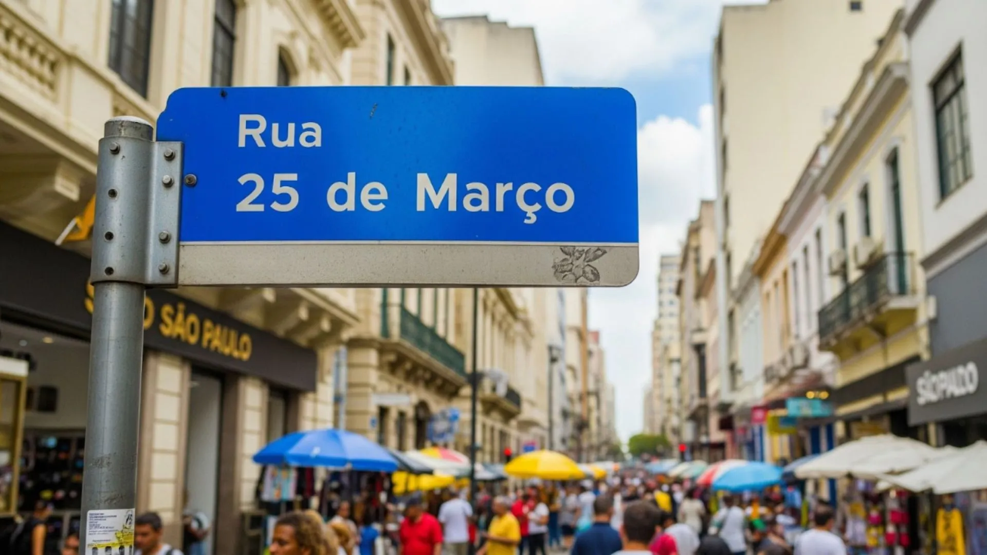 Placa de rua azul com a inscrição "Rua 25 de Março" em letras brancas, com a palavra "Rua" acima. Ao fundo, uma rua de São Paulo movimentada e cheia de pessoas. Há muitas barracas com guarda-sóis coloridos e lojas dos dois lados da rua.