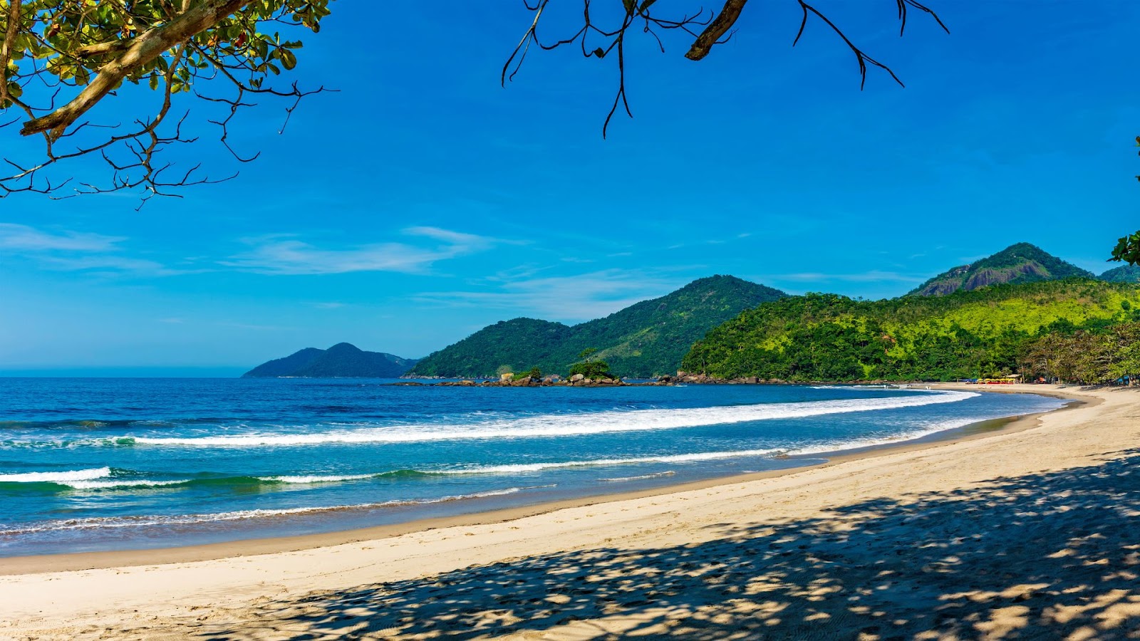 A imagem mostra uma bela praia de areia clara com um mar azul de ondas suaves. No primeiro plano, o canto de uma árvore com galhos e folhas cria uma moldura natural na parte superior. A areia forma uma enseada que se estende até o fundo, onde o mar encontra as montanhas de mata densa. O céu é predominantemente azul com algumas nuvens brancas, e a cena transmite uma sensação de tranquilidade e natureza intocada.
