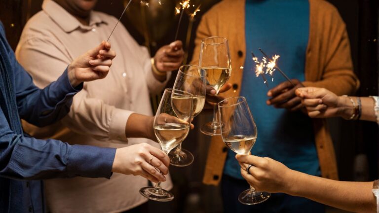 Quatro pessoas em um brinde, erguendo taças de vinho branco ou champanhe em primeiro plano. Eles seguram velas de faísca (sparklers) com luzes brilhantes, indicando uma celebração, provavelmente de ano novo ou aniversário.