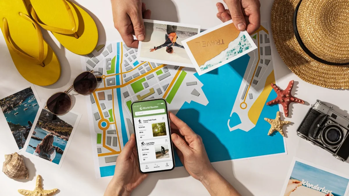 Visão superior de duas pessoas planejando uma viagem de férias. A mesa está repleta de itens de praia e viagem: um mapa, óculos de sol, um chapéu de palha, chinelos amarelos e estrelas-do-mar. Uma pessoa segura um smartphone mostrando um aplicativo de rotas de viagem, enquanto as mãos de outra pessoa seguram fotos e um cartão postal sobre o mapa.