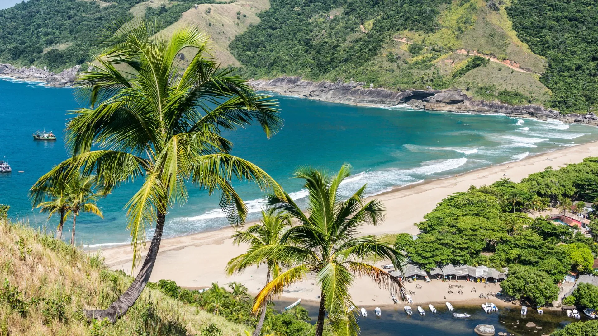 Uma vista panorâmica e elevada de uma bela praia tropical. No primeiro plano, coqueiros exuberantes se inclinam sobre uma encosta gramada. A praia tem areia clara e forma uma longa curva com águas azul-turquesa. Pequenas ondas quebram na costa. A extremidade direita da praia encontra um pequeno estuário onde alguns barcos estão ancorados. No fundo, a praia é cercada por colinas e montanhas cobertas por uma densa Mata Atlântica verde. O céu é azul e o sol está forte, iluminando a cena.