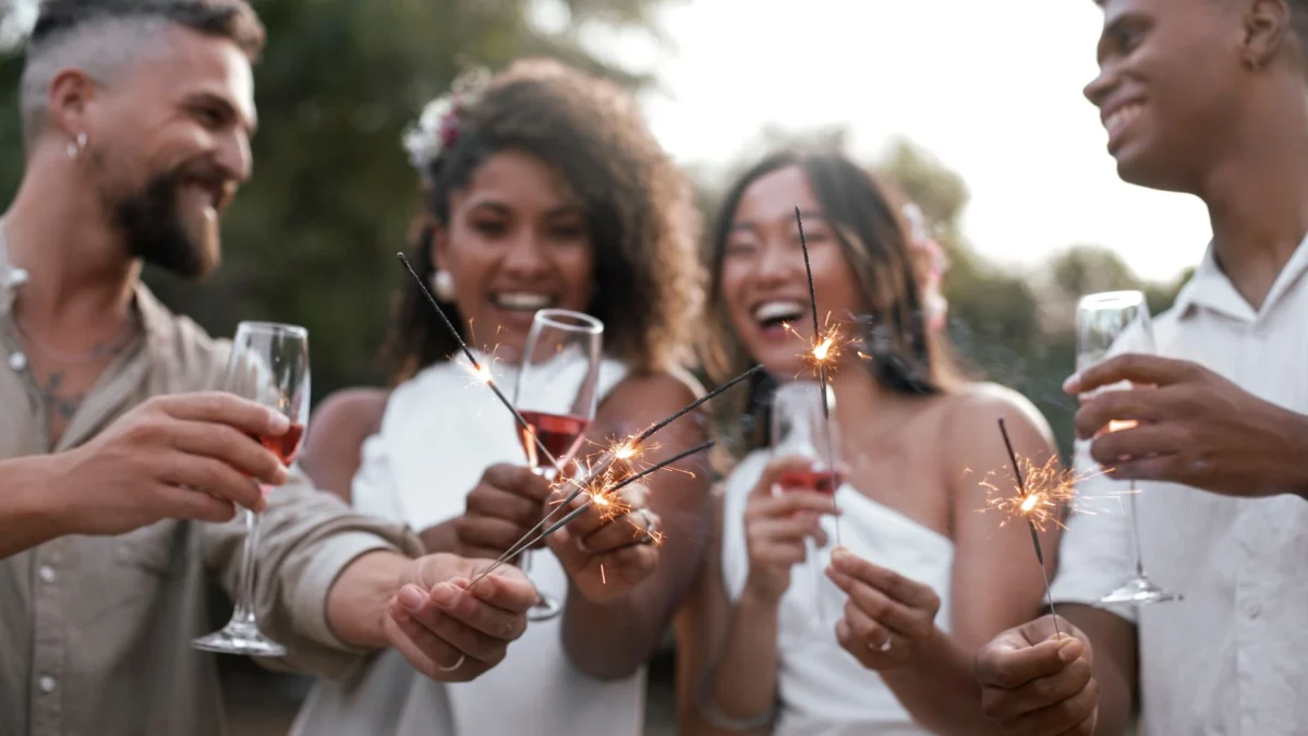 Um grupo de quatro jovens adultos, dois homens e duas mulheres, sorrindo e celebrando ao ar livre. Eles seguram taças com uma bebida avermelhada (possivelmente vinho ou espumante) e pequenos fogos de artifício (sparklers) acesos, que estão soltando faíscas. As mulheres estão vestindo roupas brancas, e os homens usam camisas claras. A cena transmite alegria e celebração, sugerindo uma festa ou um evento especial, como o Ano Novo.