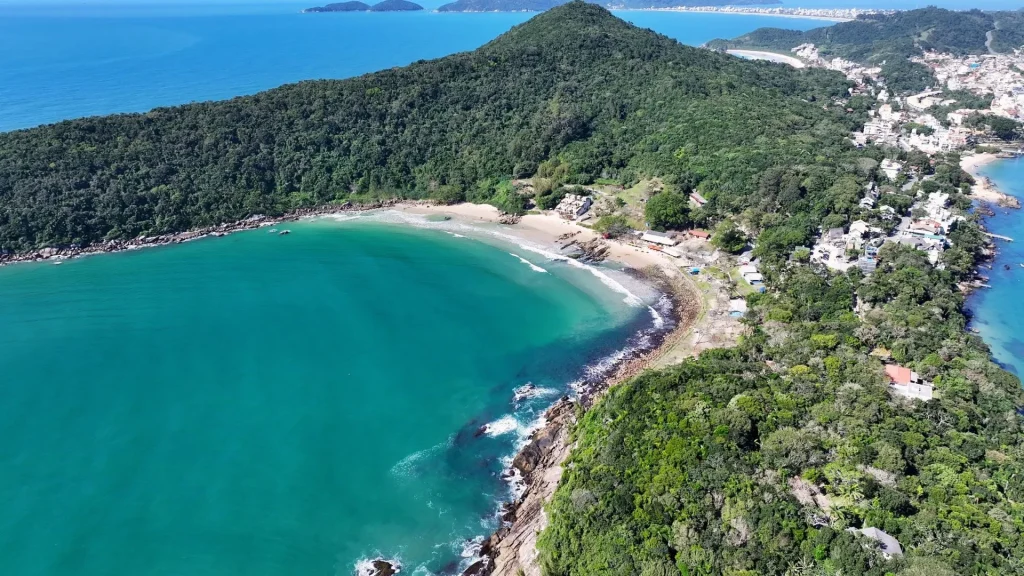 Vista aérea da península de Bombinhas, Santa Catarina. A imagem mostra uma enseada com águas cristalinas de tom turquesa e um morro totalmente coberto por Mata Atlântica no centro. A curva da praia é marcada por uma faixa de areia e uma borda rochosa escura. Na encosta da direita, é visível uma área de ocupação com casas e construções em meio à vegetação densa, contrastando com o lado esquerdo mais preservado. O oceano azul profundo se estende ao fundo.